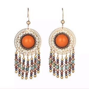Orange Beaded Drop Earrings Gold Boho medallion bohemian